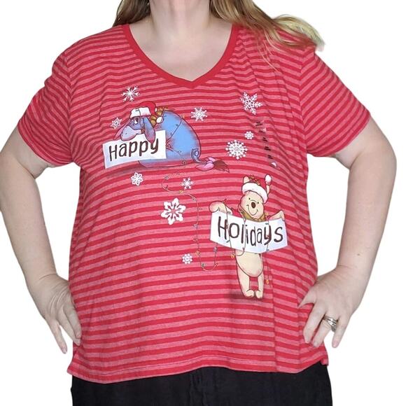 NEW Disney Winnie The Pooh Size 3X/4X Striped Holiday T-Shirt Red Cotton Blend - Picture 1 of 7